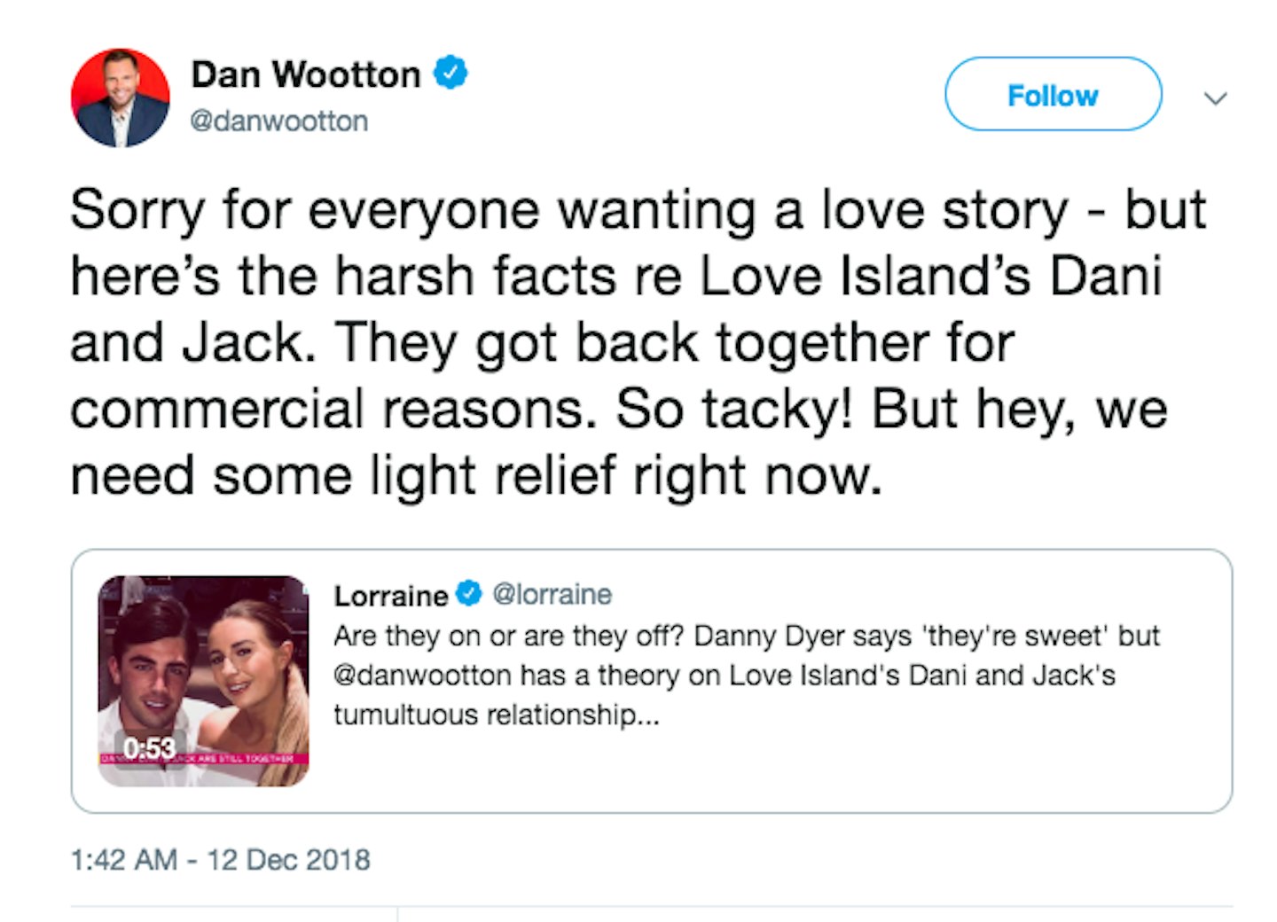 Dan Wooton tweets about Jack and Dani
