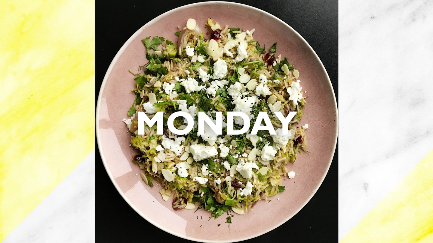 Monday – Brussel sprout, cranberry, almond and feta pilaf, 25 mins