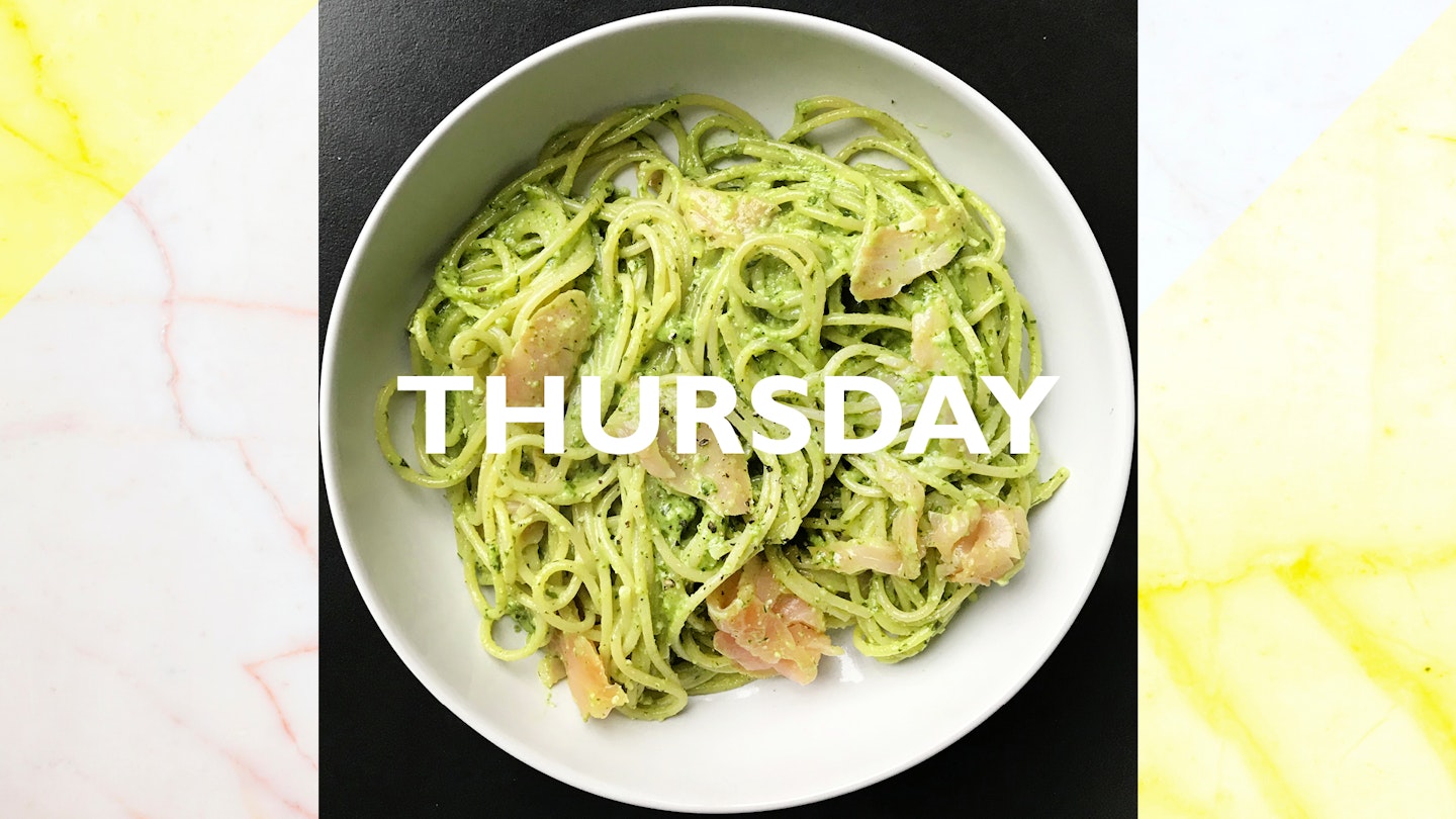 Thursday – Creamy smoked salmon pesto pasta, 15 mins