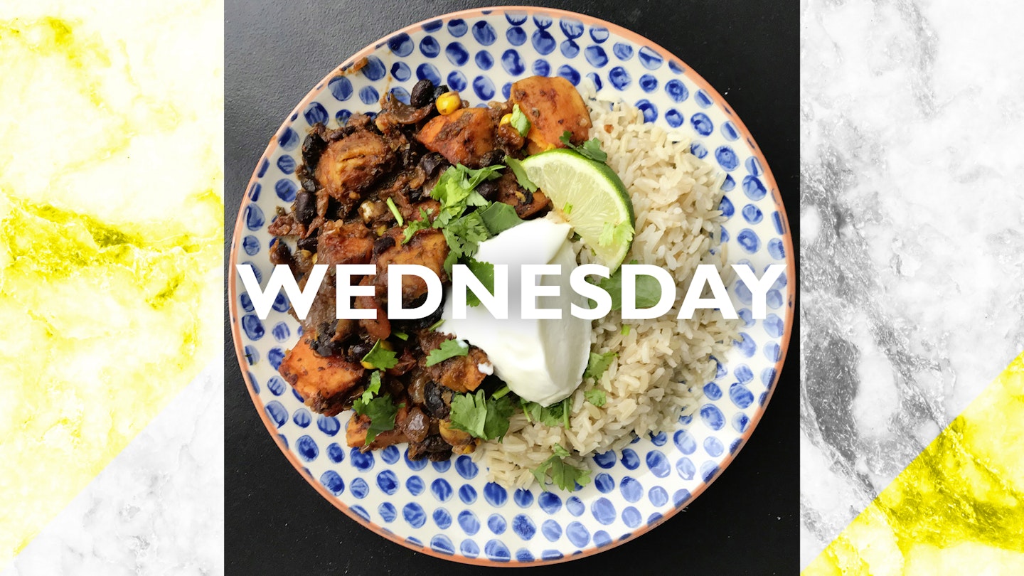 Wednesday: Sweet potato and black bean chilli, 40 mins (VG)