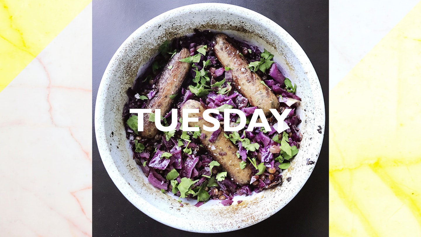 Tuesday – Cider braised sausages, lentils & red cabbage, 45 mins (you can cook longer and lower if you prefer) 