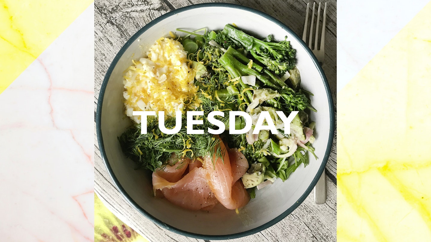 Tuesday – Green mimosa eggs and salmon, 25 mins