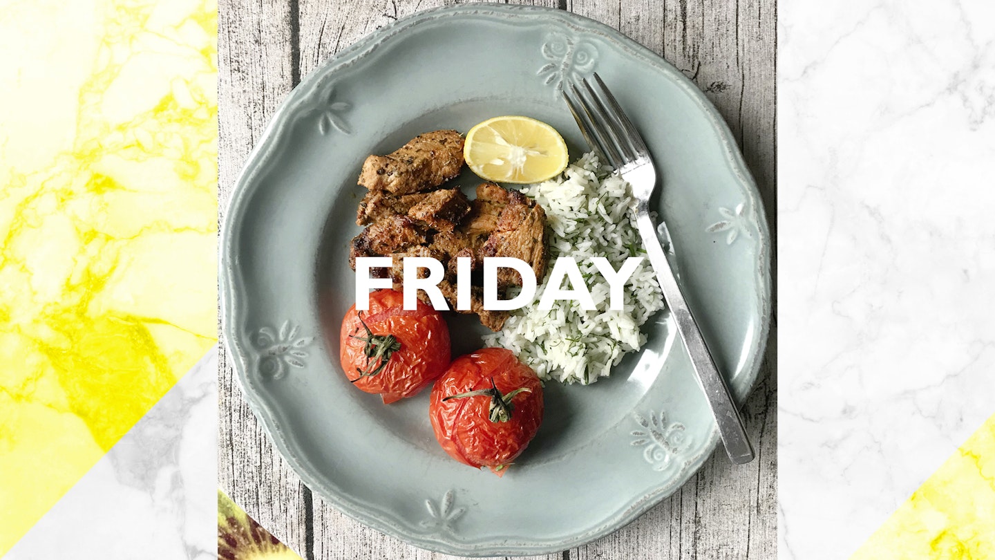 Friday – Pork souvlaki and dill rice, 20 mins 