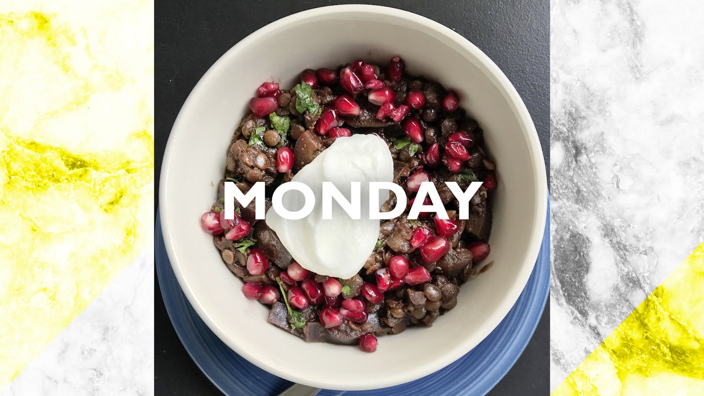 Monday – Pomegranate, lentil and aubergine stew, 35 mins