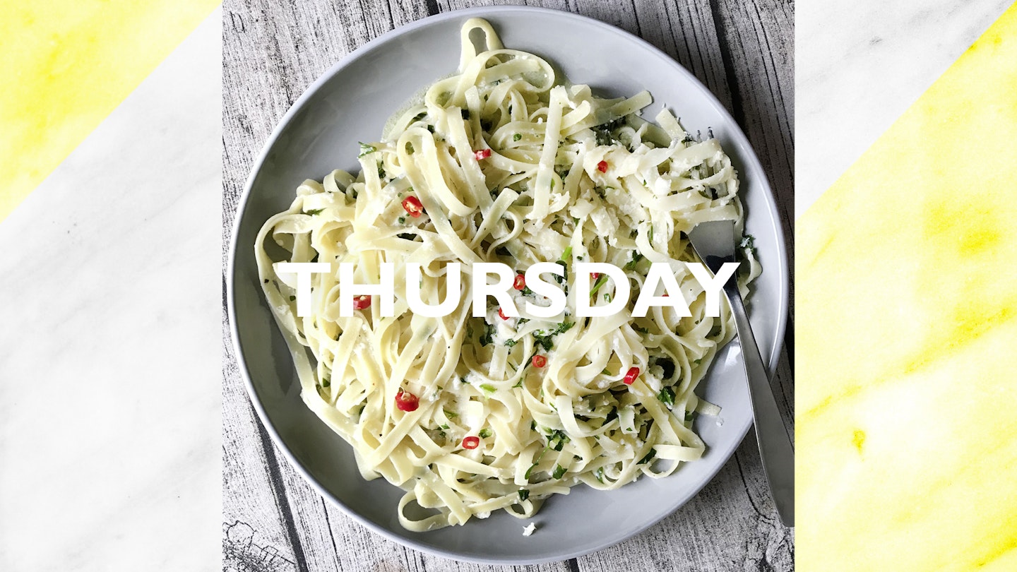 Thursday – Tagliatelle with crab, chilli and watercress, 15 mins