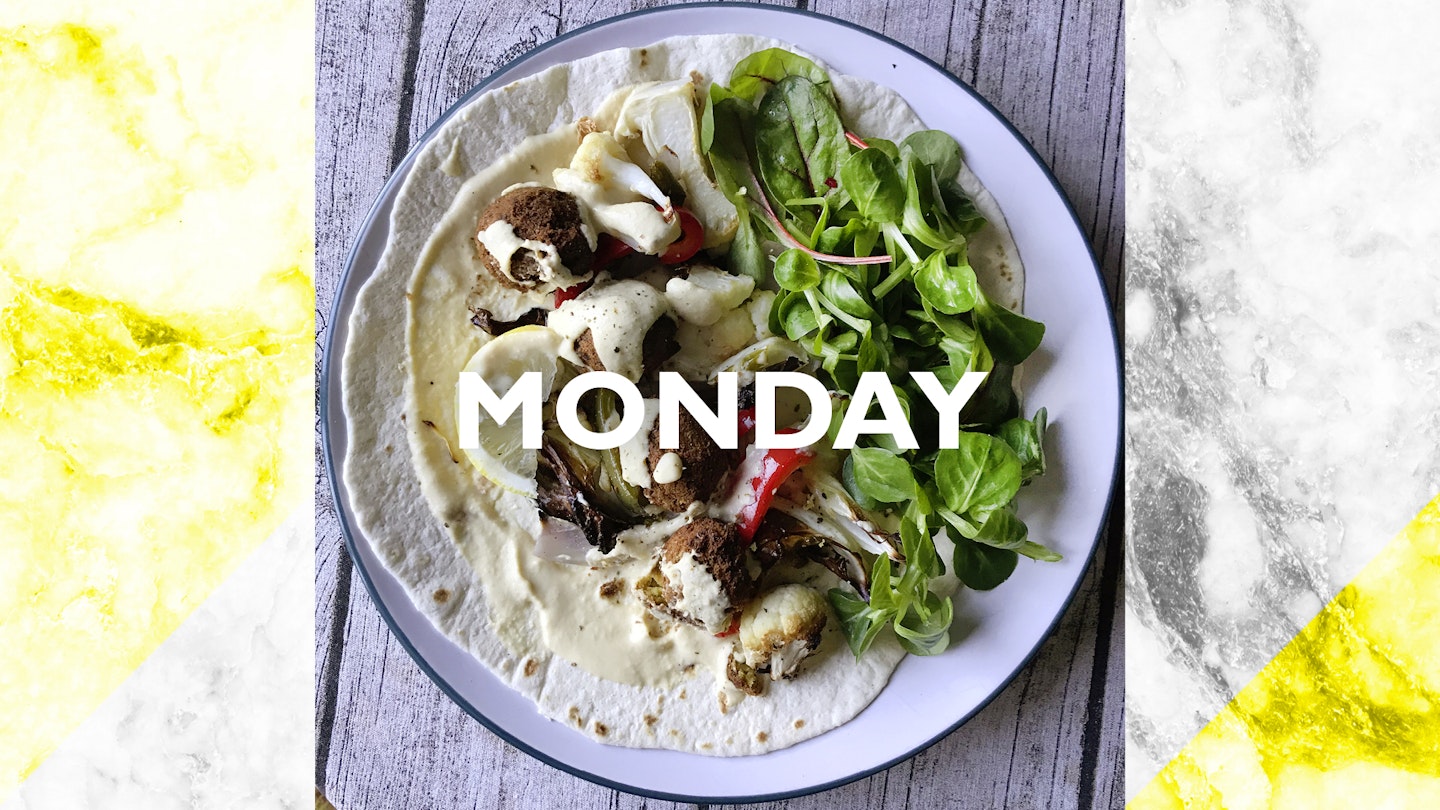 Monday – Hummus, falafel & roasted veg wrap, 30 mins