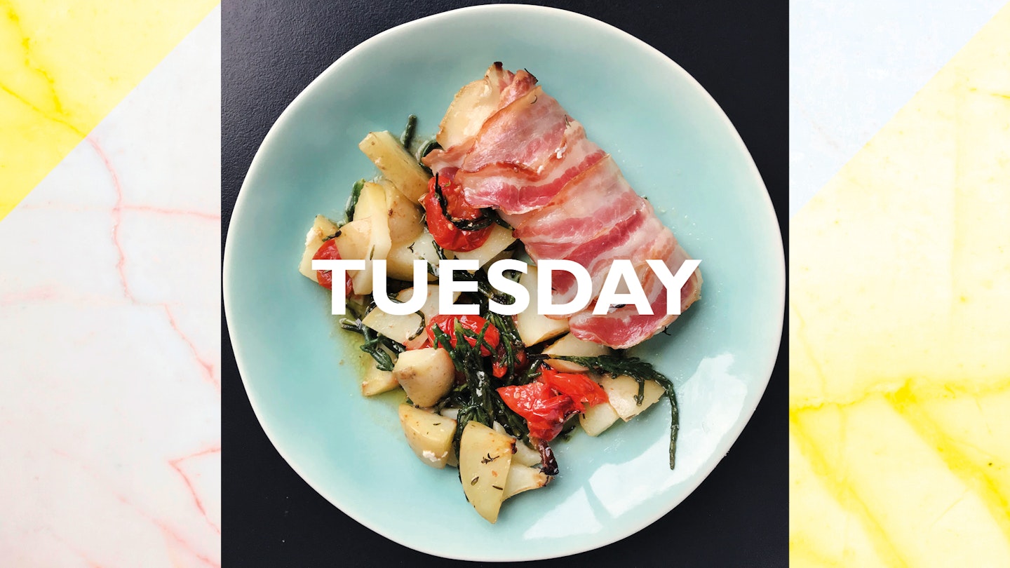 Tuesday – Cod with samphire, tomato butter and potatoes, 35 mins