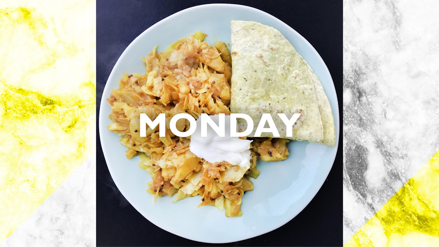 Monday – Spiced cabbage and potatoes with roti, 25 mins 