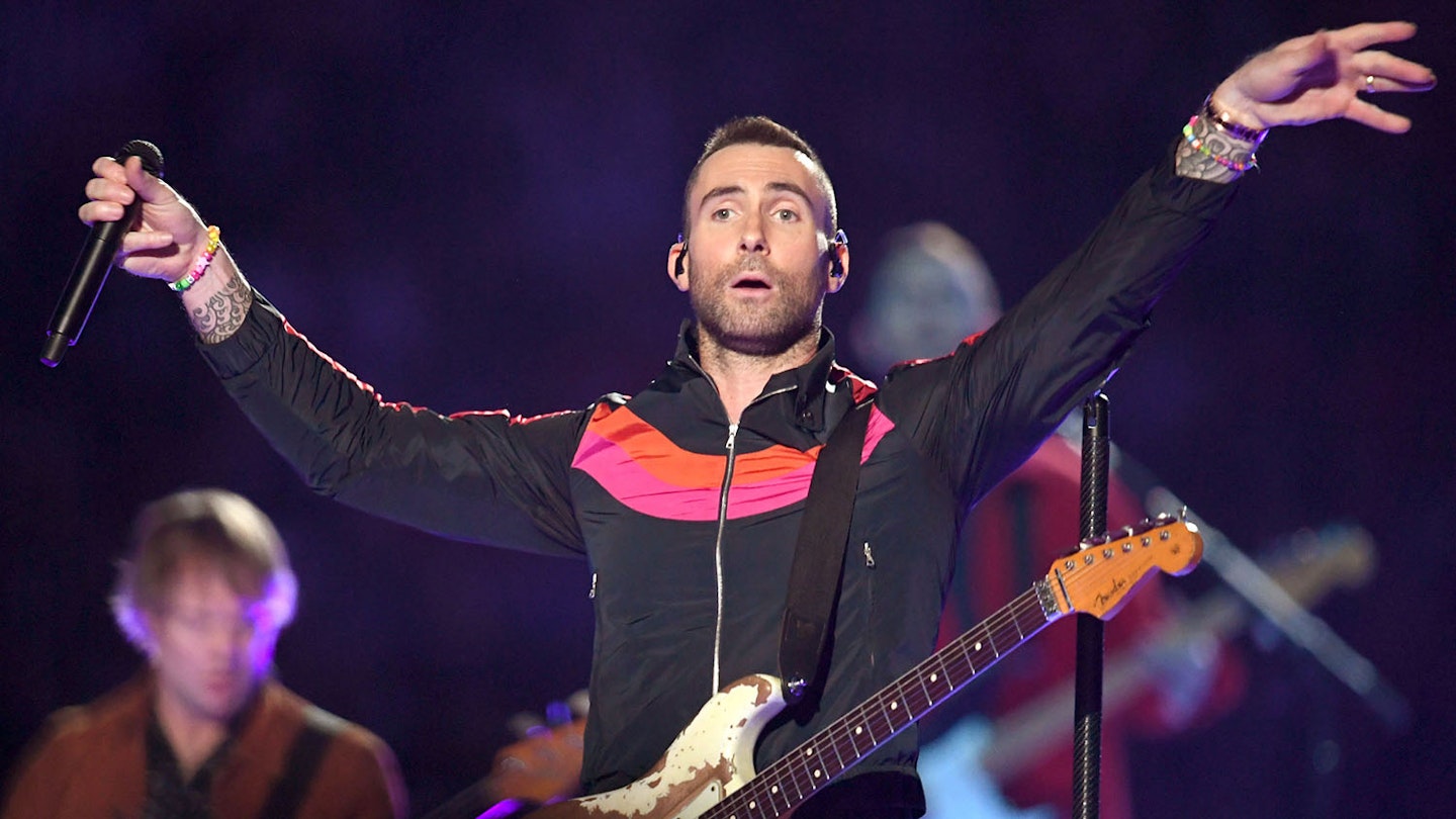 Adam Levine performing with Maroon 5 at the 2019 Super Bowl