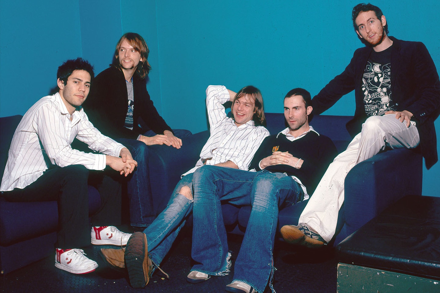 The original line-up of Maroon 5 in 2004: (L-R) Ryan Dusick, James Valentine, Mickey Madden, Adam Levine and Jesse Carmichael