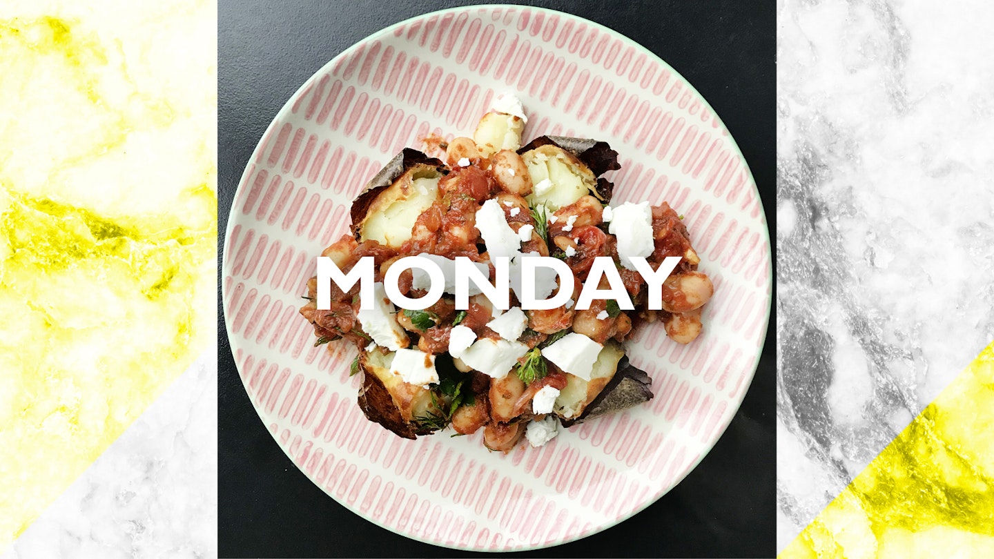 Monday – Jacket potato with gigantes plaki (Greek beans) and feta, 30 mins +potato cooking time