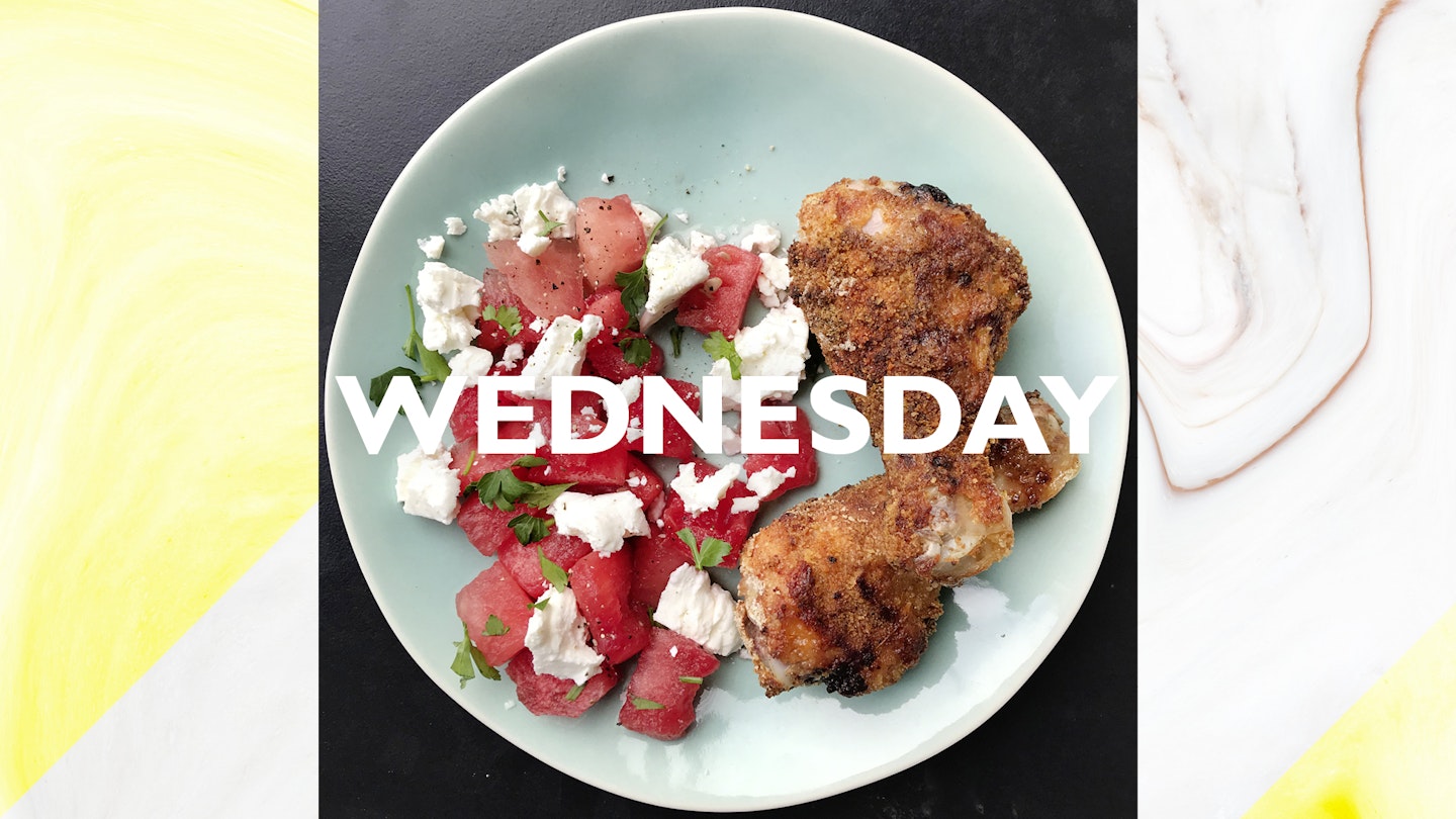 Wednesday – ‘Fried’ chicken with watermelon and feta, 35 mins