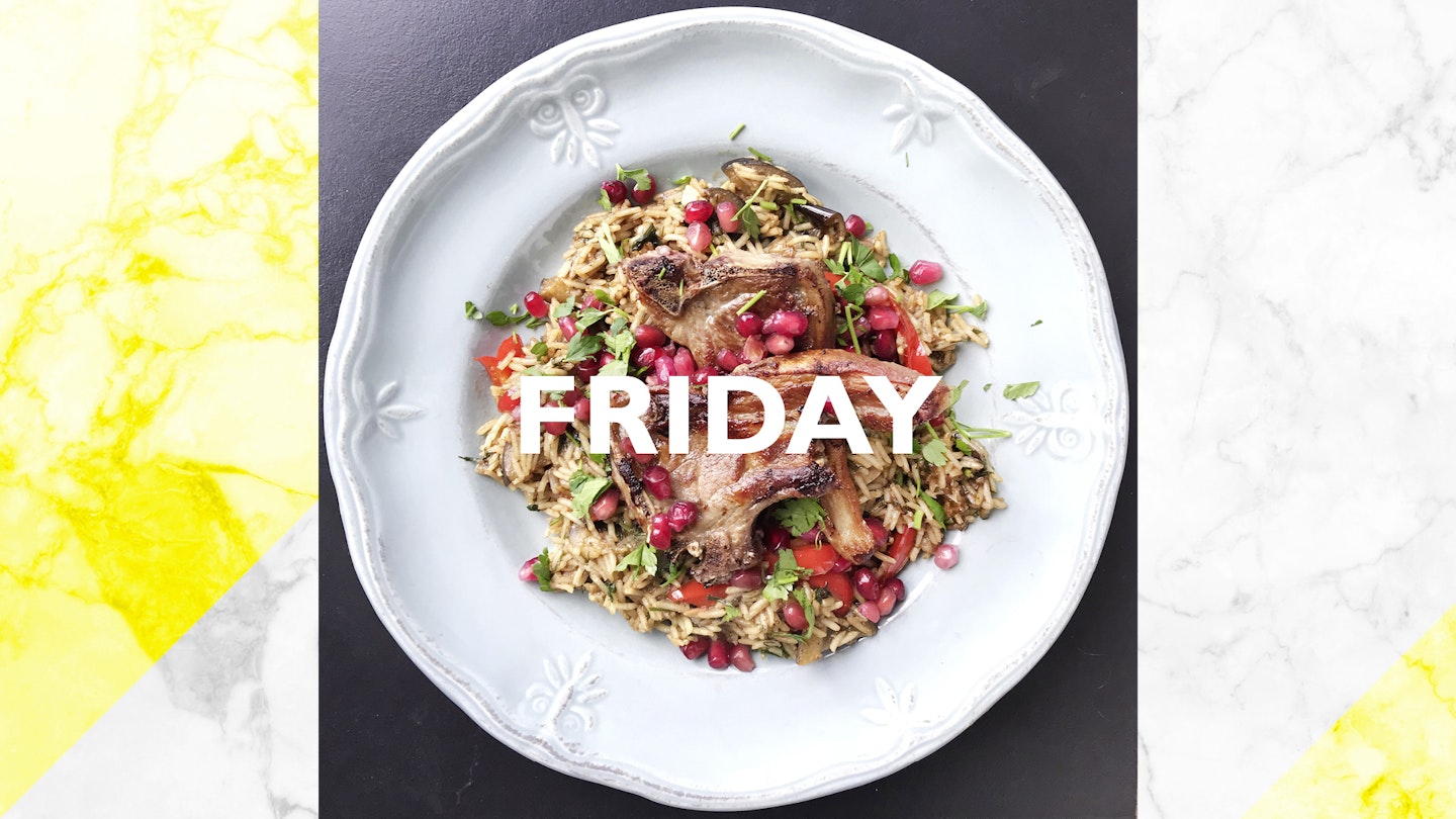Friday – Lamb chops and veggie pilaf, 40 mins