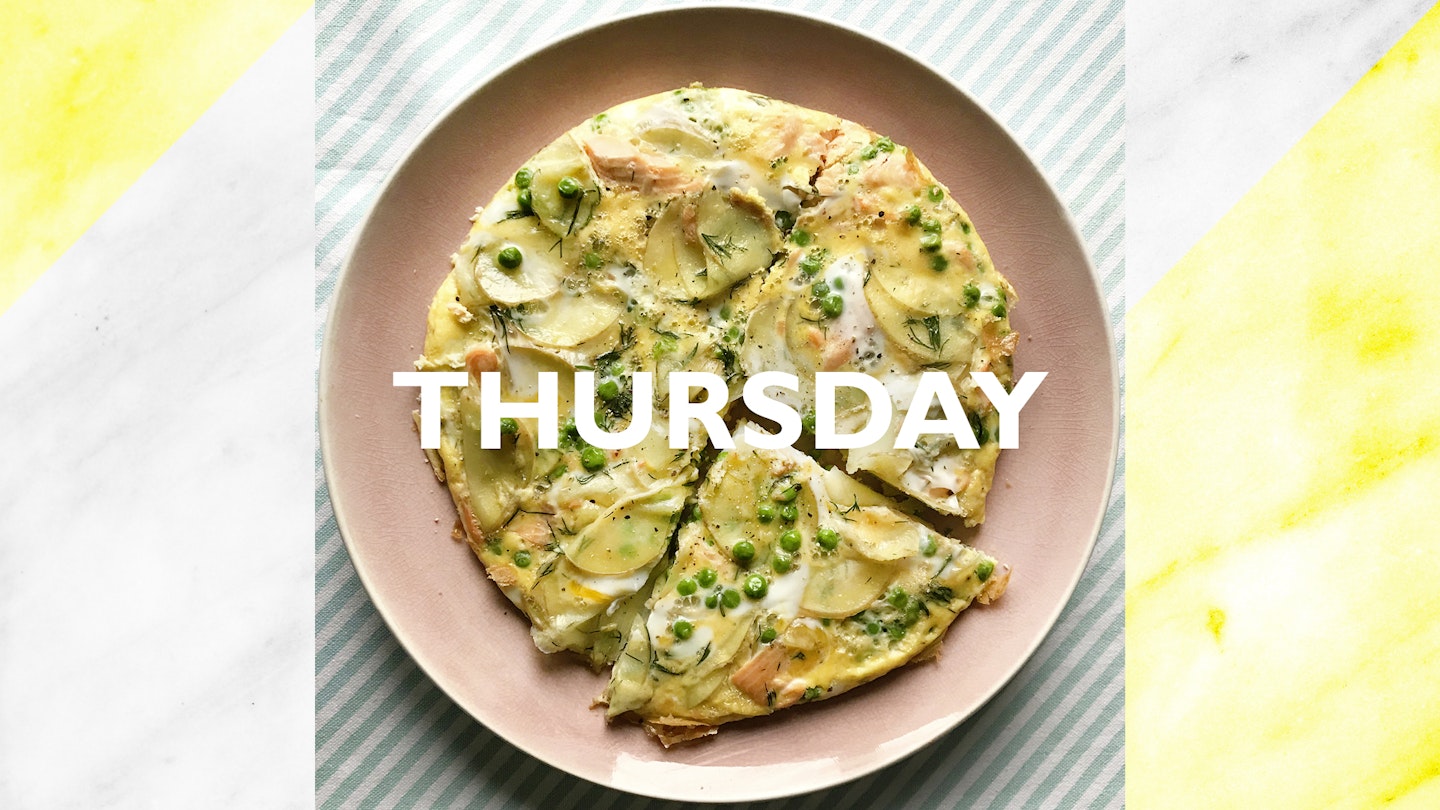 Thursday – Hot smoked salmon, pea and potato frittata, 25 mins