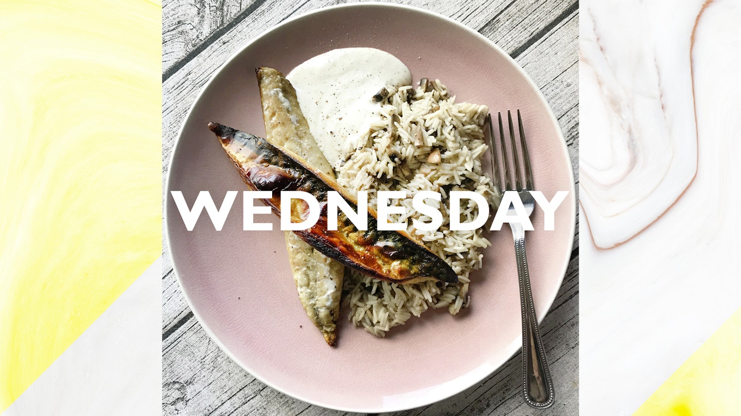 Wednesday – Mackerel with mushroom rice and horseradish sauce, 25 mins