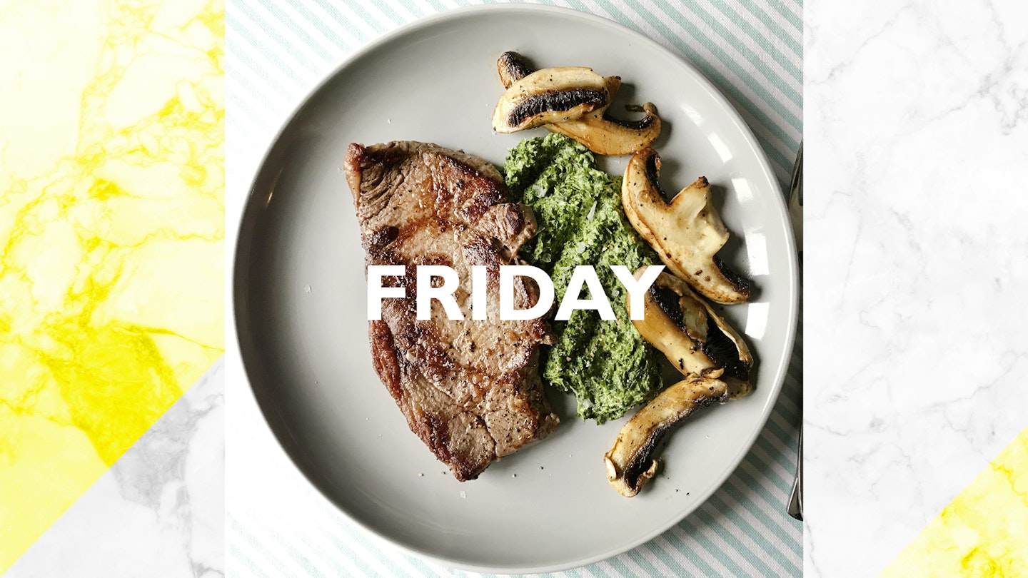 Friday – Steak with creamed spinach and mushrooms, 15 mins