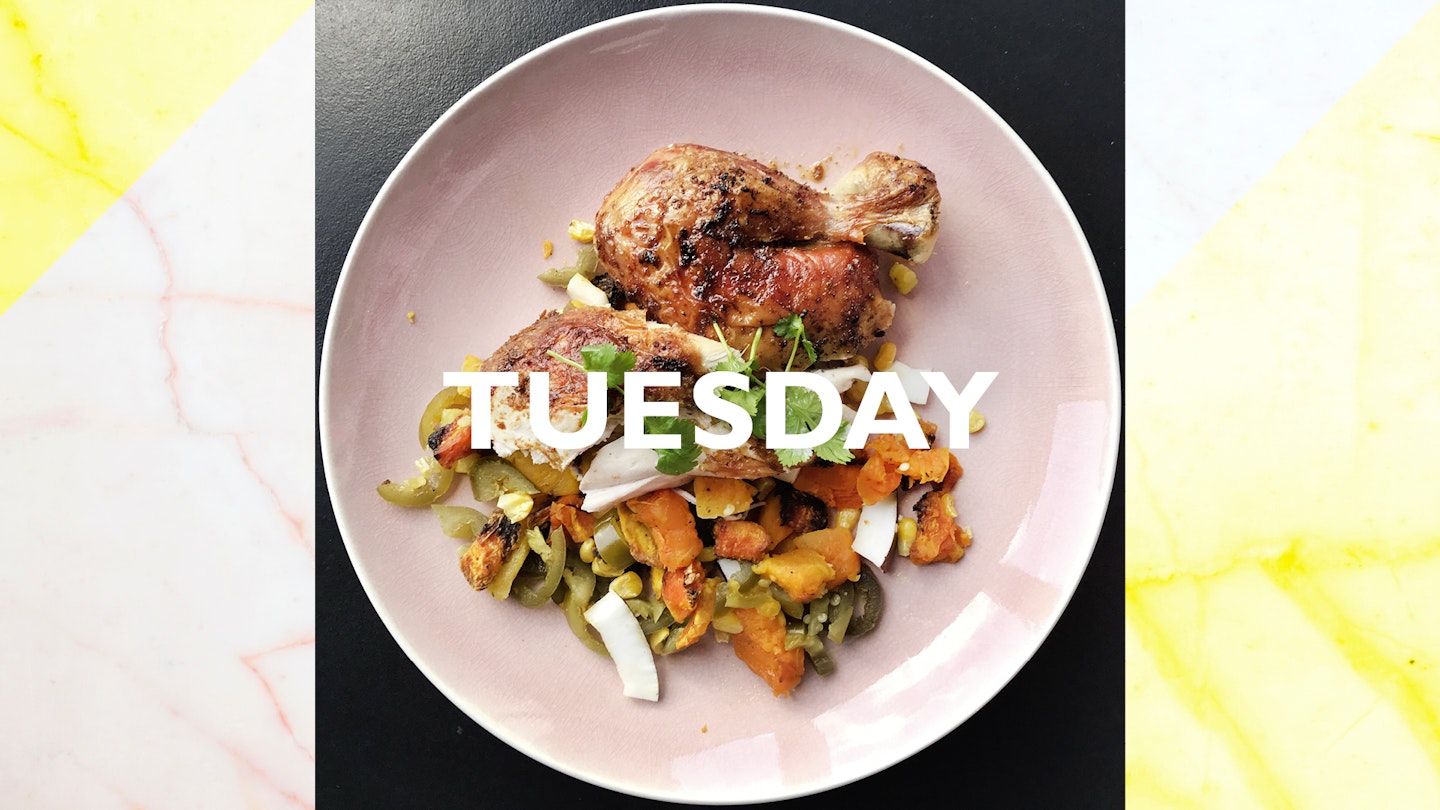 Tuesday – Cumin roast chicken with squash, corn and jalapeno salad