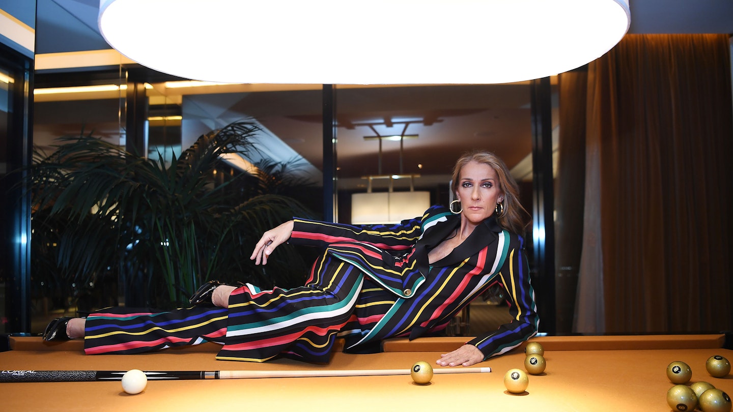 Celine Dion striped suit 