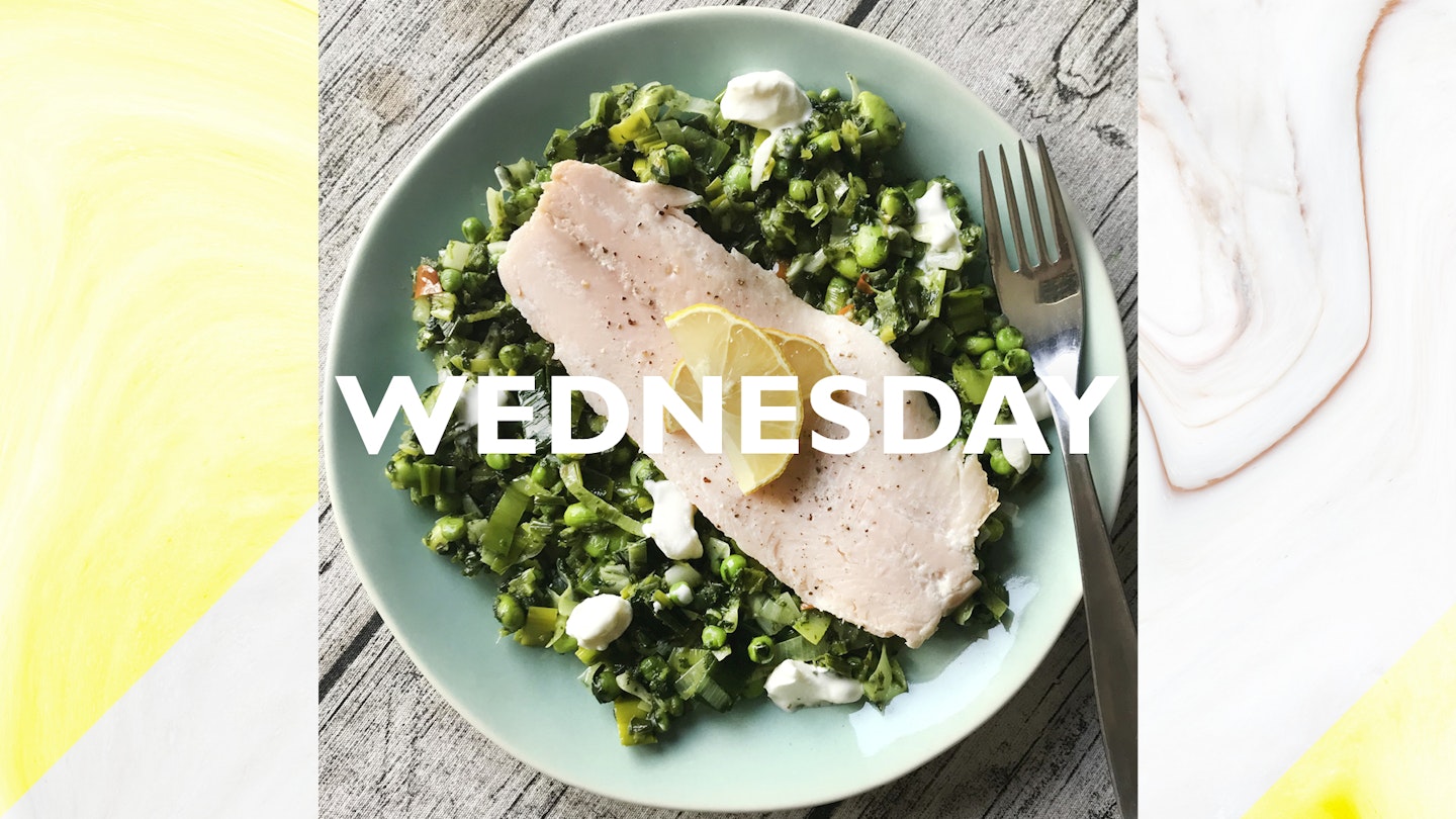 Wednesday – Smoked trout with minty green chilli veg, 15 mins 