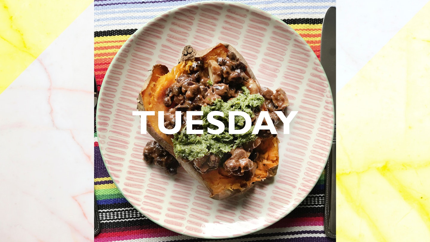 Tuesday – Baked sweet potato with black beans, mushrooms and mint salsa, 45 mins