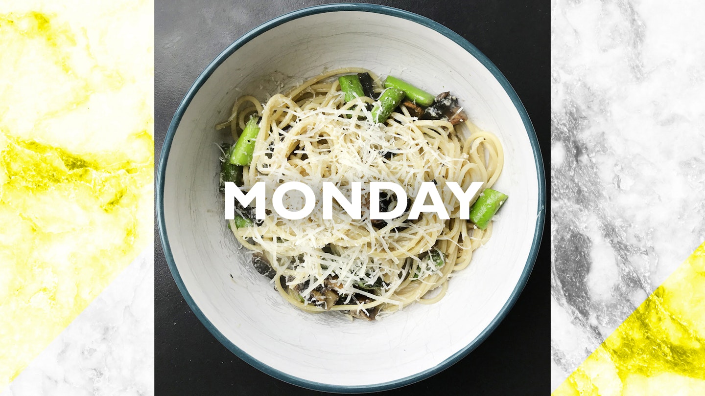 Monday – Mushroom & asparagus carbonara, 25 mins
