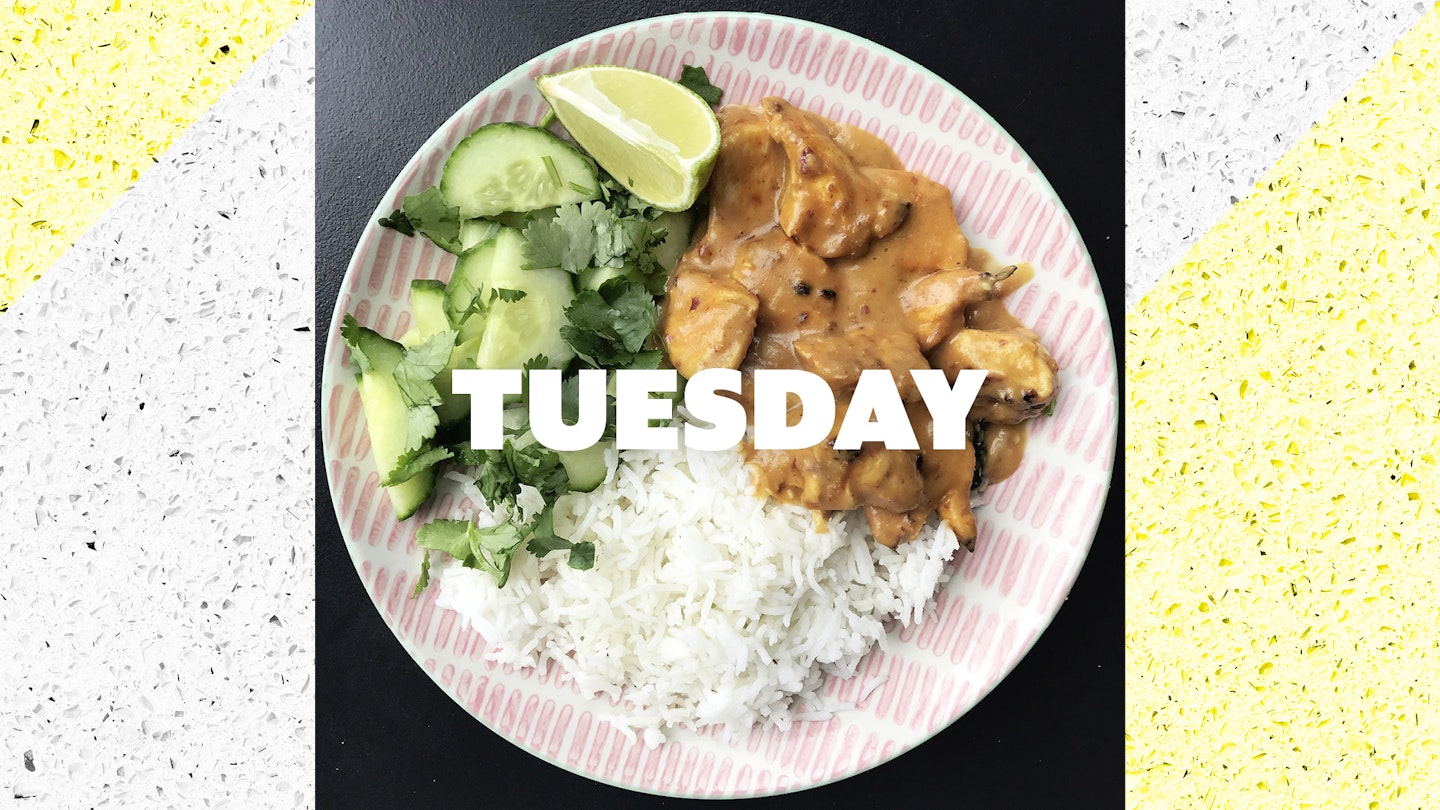 Tuesday – Chicken satay with rice and pickled cucumber, 30 mins +marinating time 