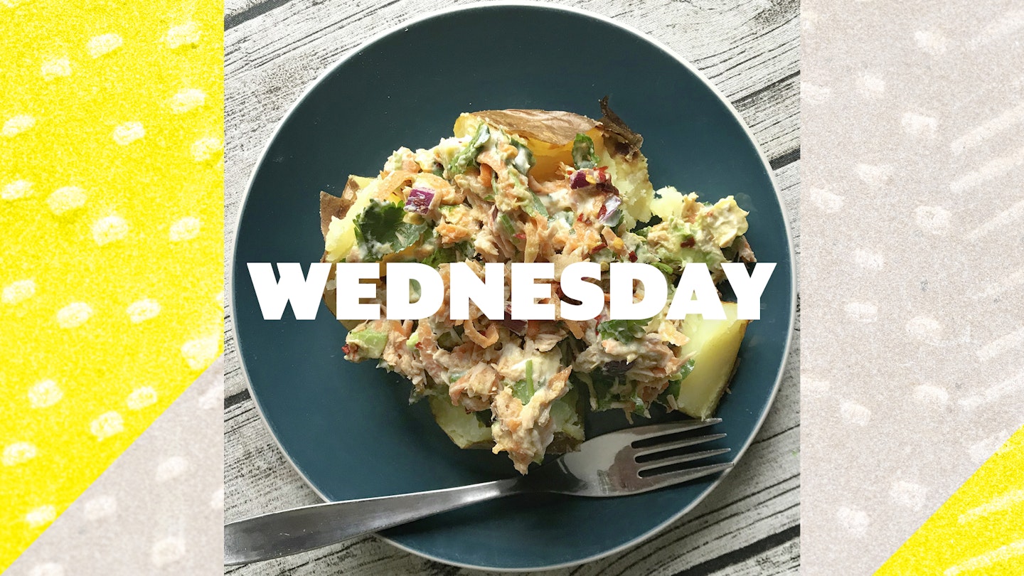 Wednesday – Tuna & avocado jacket potato, 1 hour 15 (for oven baked)