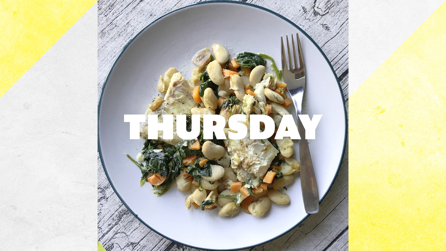 Thursday – Spinach, butter beans and cod with preserved lemon, 40 mins 
