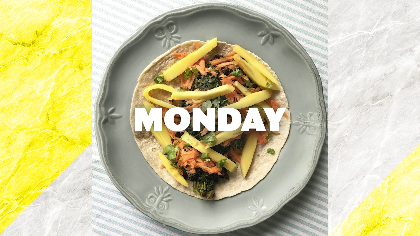 Monday – Spiced spinach, lentil and mango roti wrap, 15 mins 