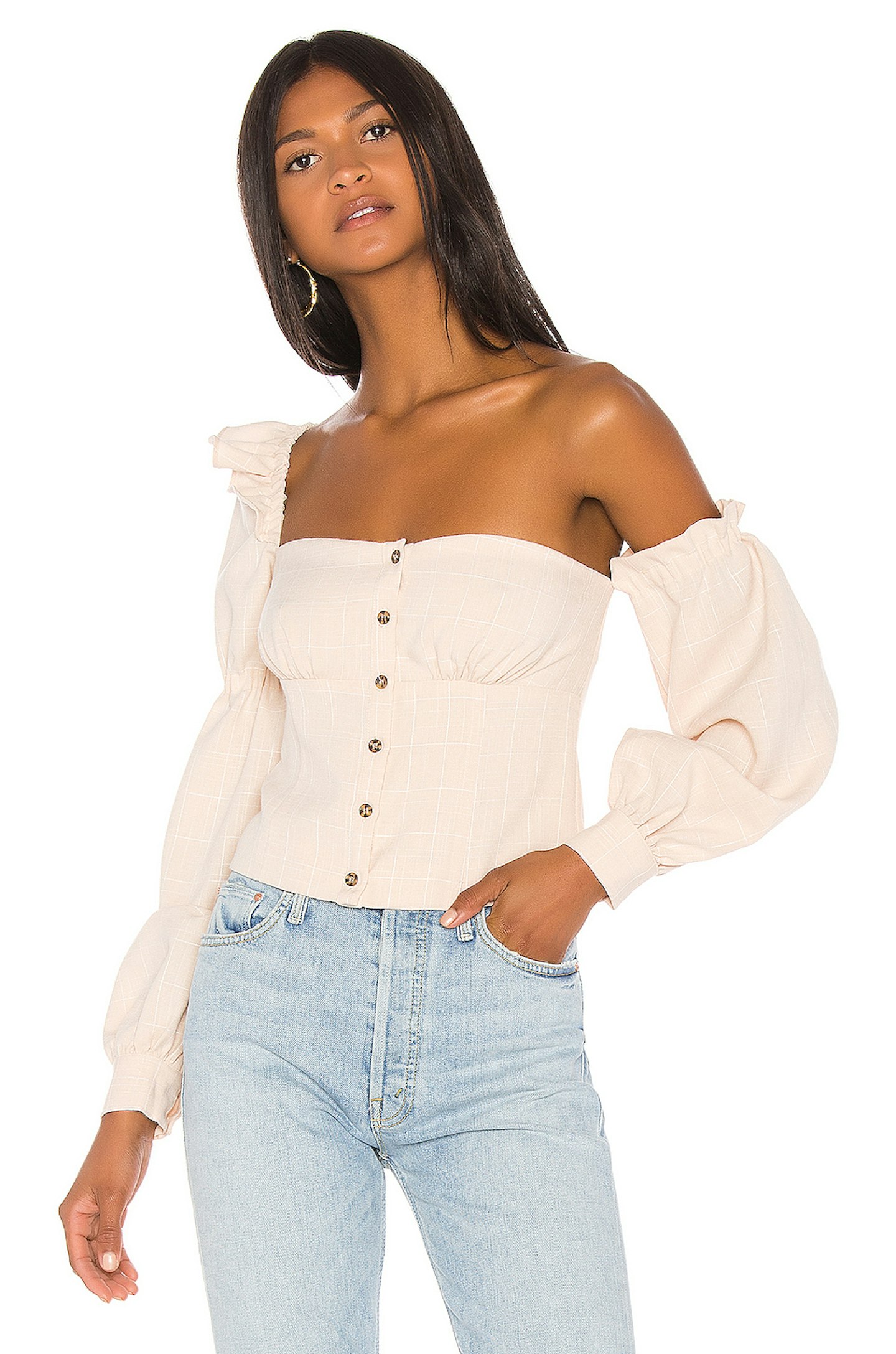 aimee song white blouse off-shoulder revolve