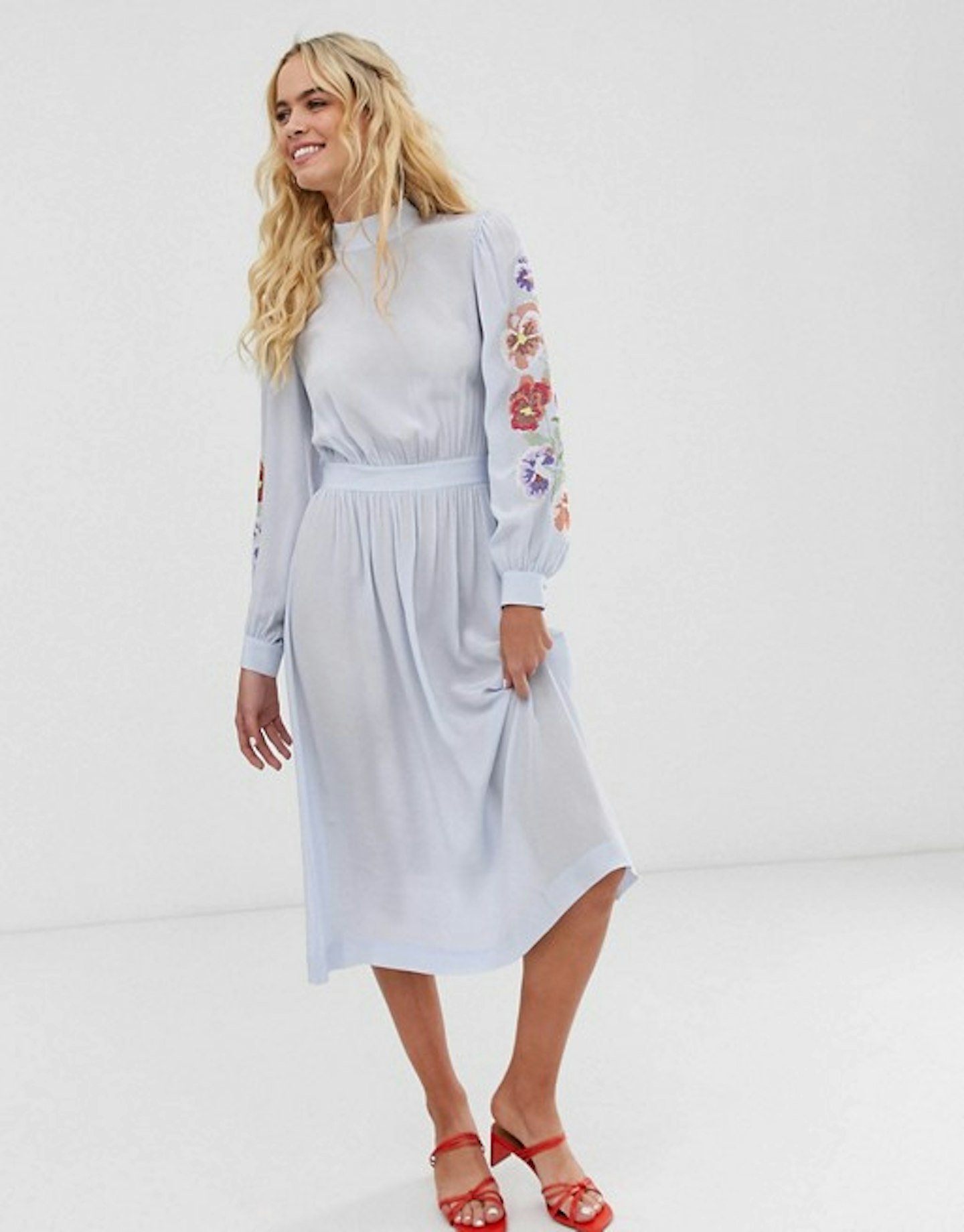 Embroidered Midi Dress with Sheer Sleeves, £110