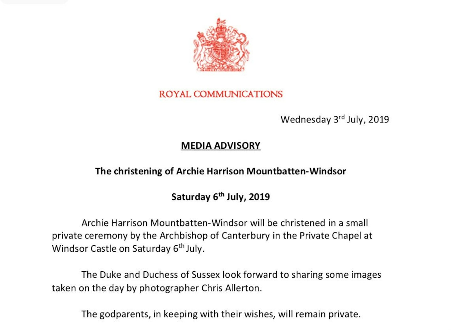 Archie Mountbatten Christening 