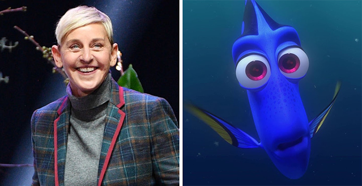 Ellen DeGeneres and Dory from Finding Nemo and Finding Dory