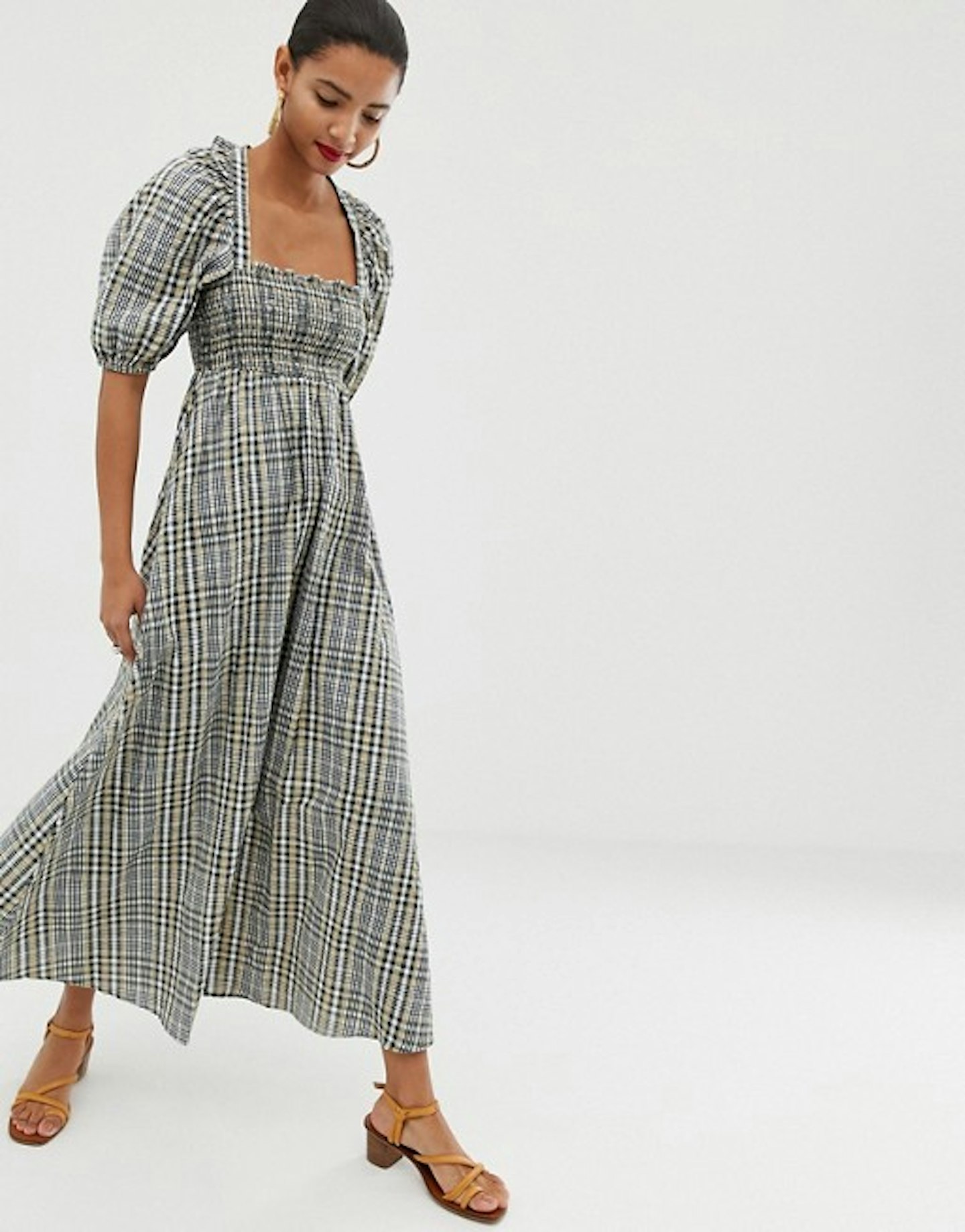 ASOS, Shirred Maxi Dress In Check Print, £38