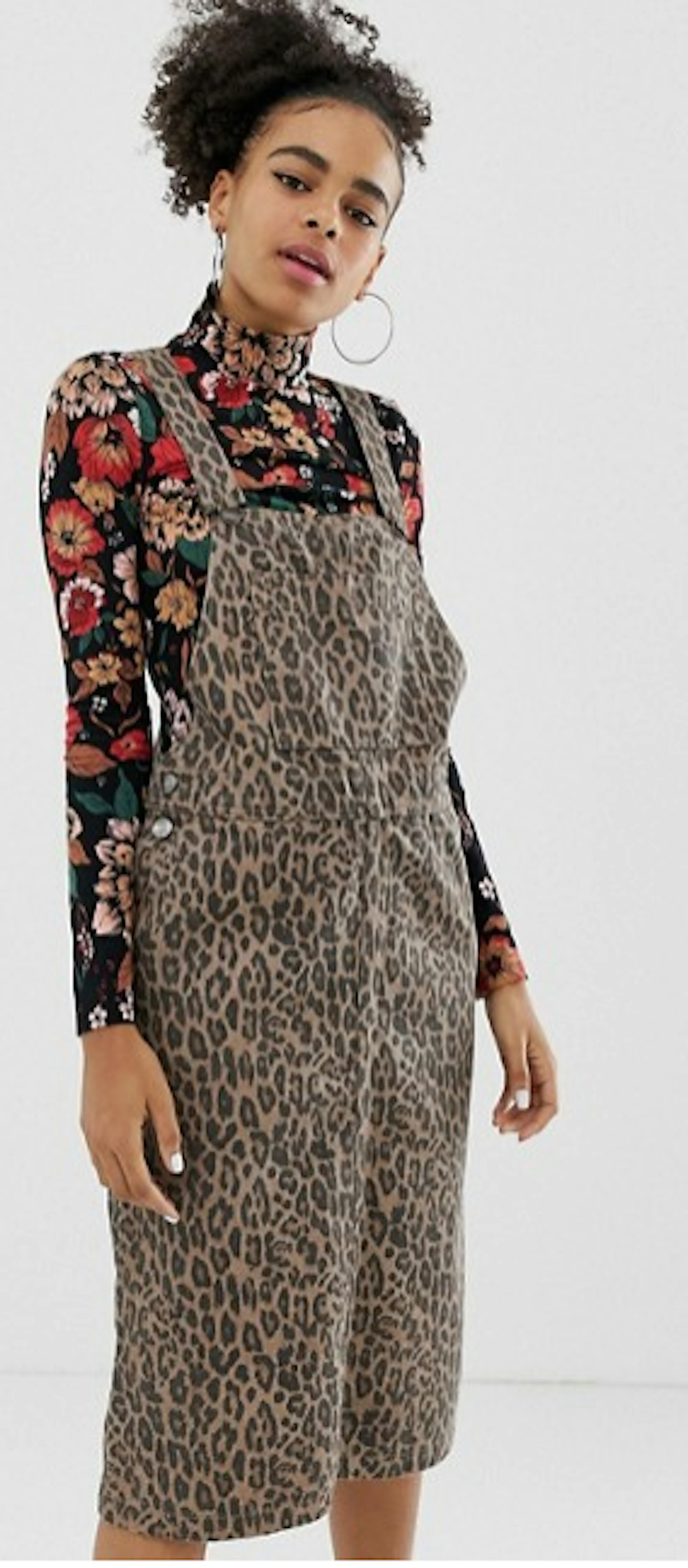 Monki Leopard Print Midi Dungaree Dress in Brown, 28