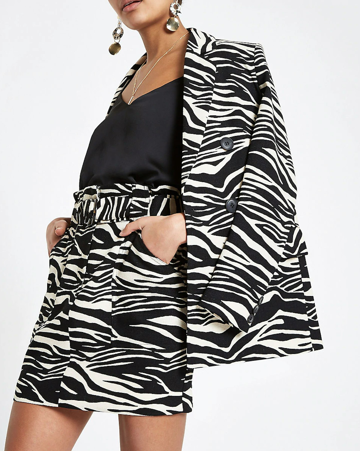 Black Zebra Print Paper Bag Skirt and Blazer, £12 & £35