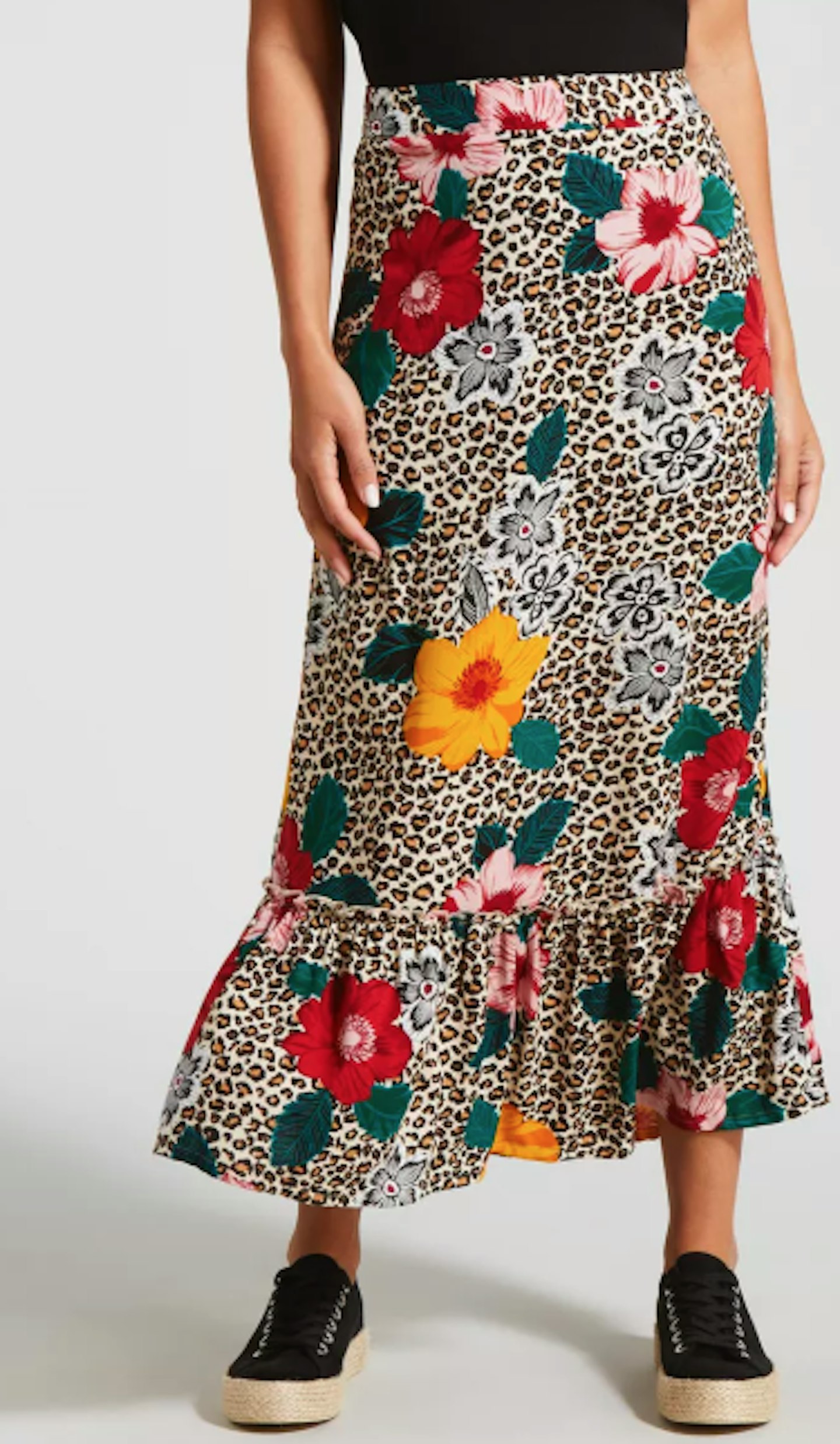 Floral Leopard Print Co-ord Midi Skirt, 14