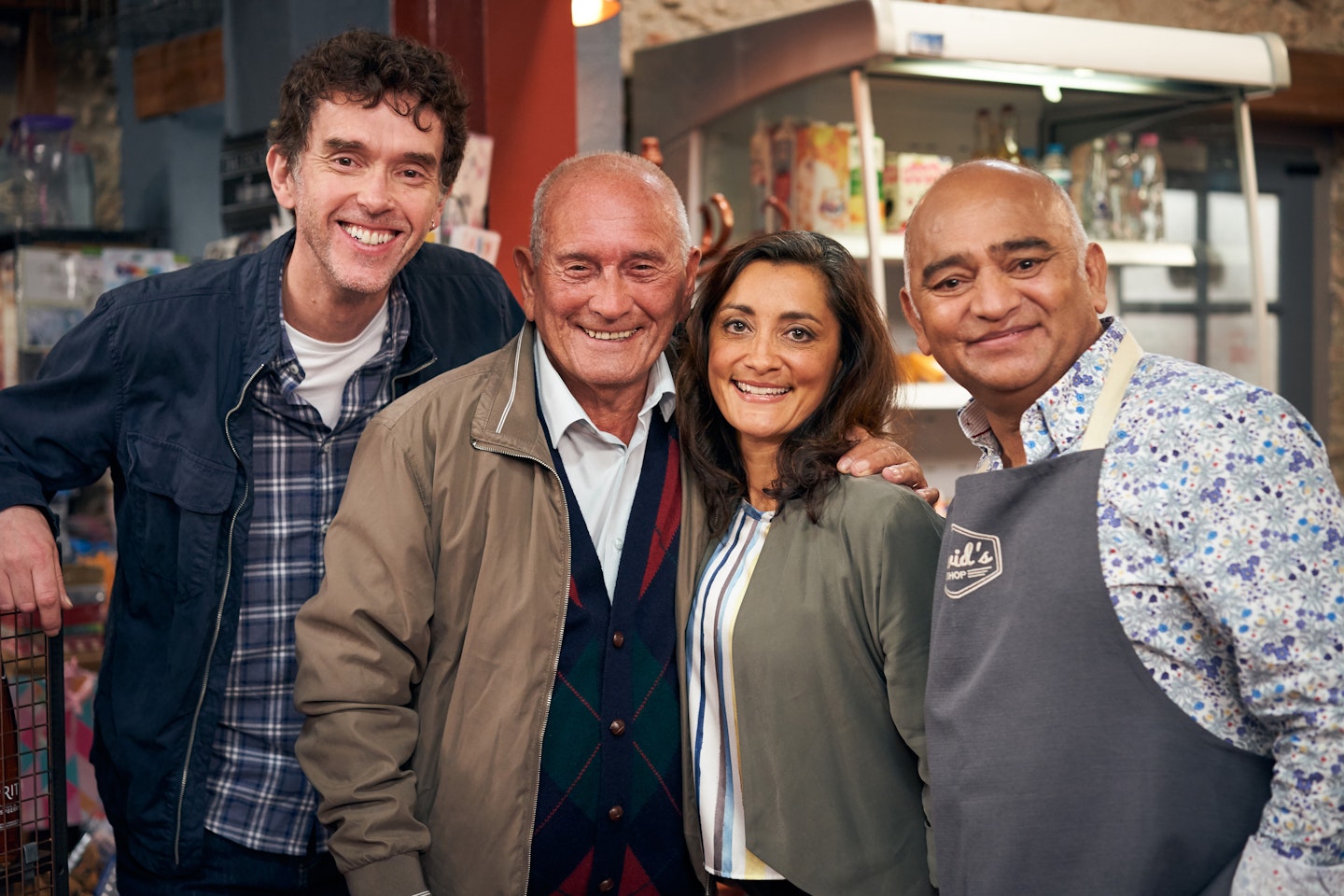 Tommy Cannon with Emmerdale actors Mark Charnock, Rebecca Sarker and Bhasker Patel