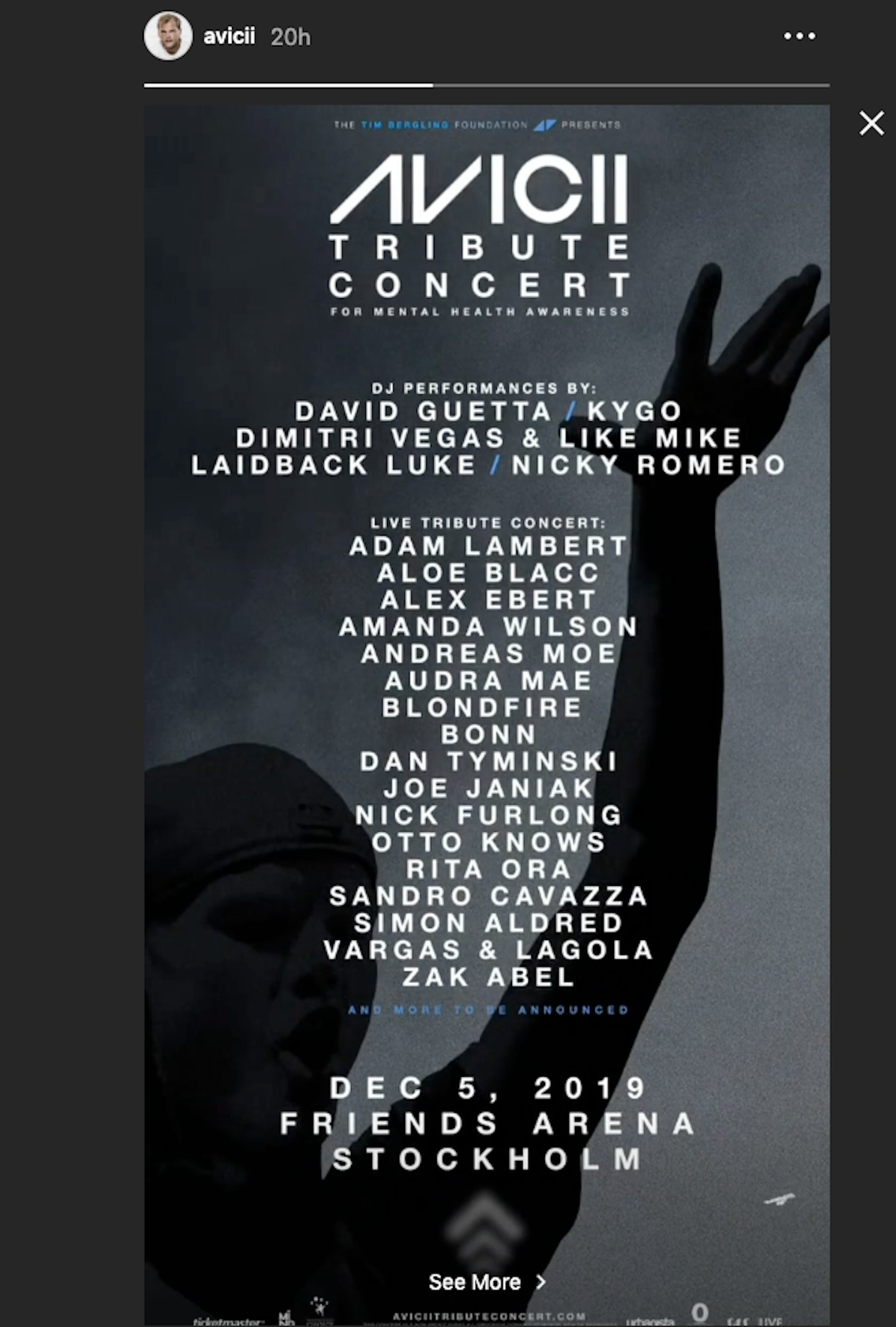 Screenshot of Avicii's tribute gig details