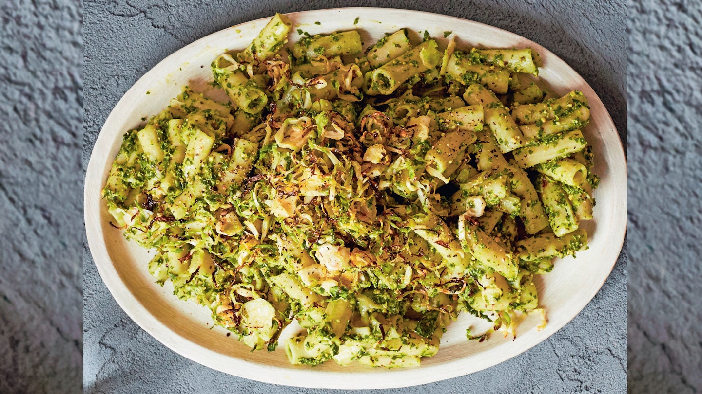 Spinach and kale pasta with crispy Brussels sprouts
