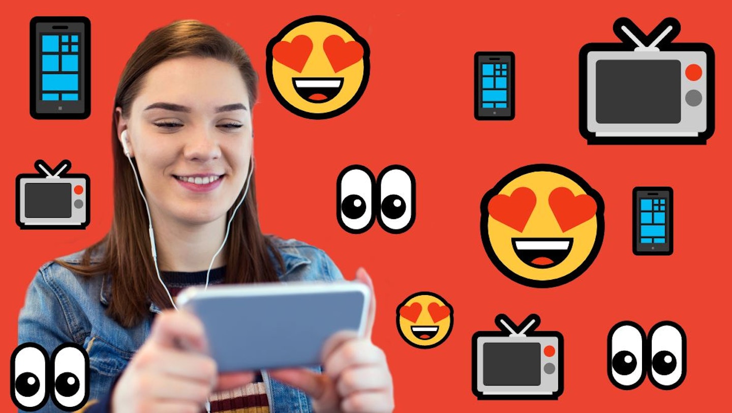 Lady watching phone on background with various emojis