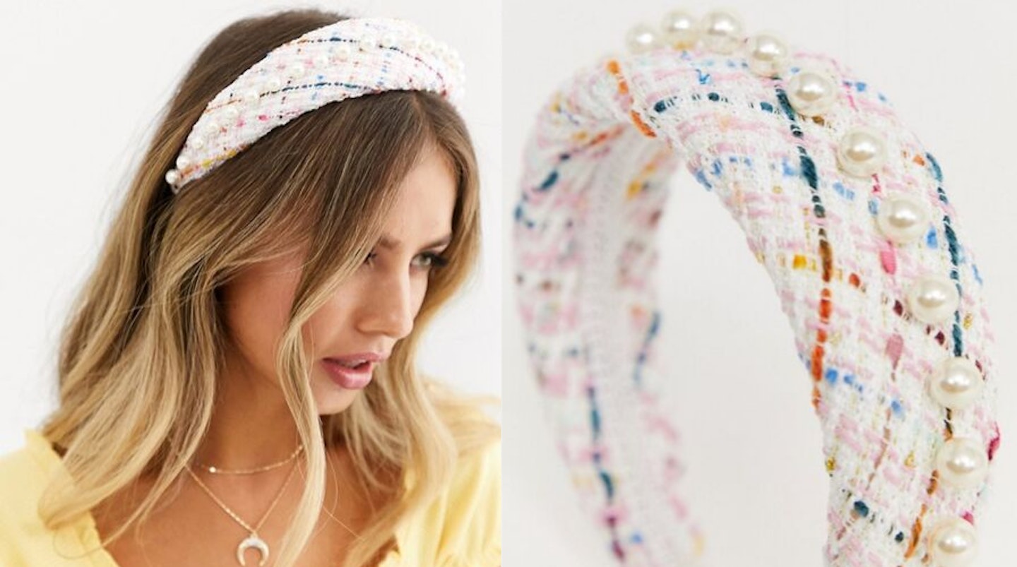 ASOS DESIGN Padded Pink Boucle Headband with Pearl Embellishment, 10