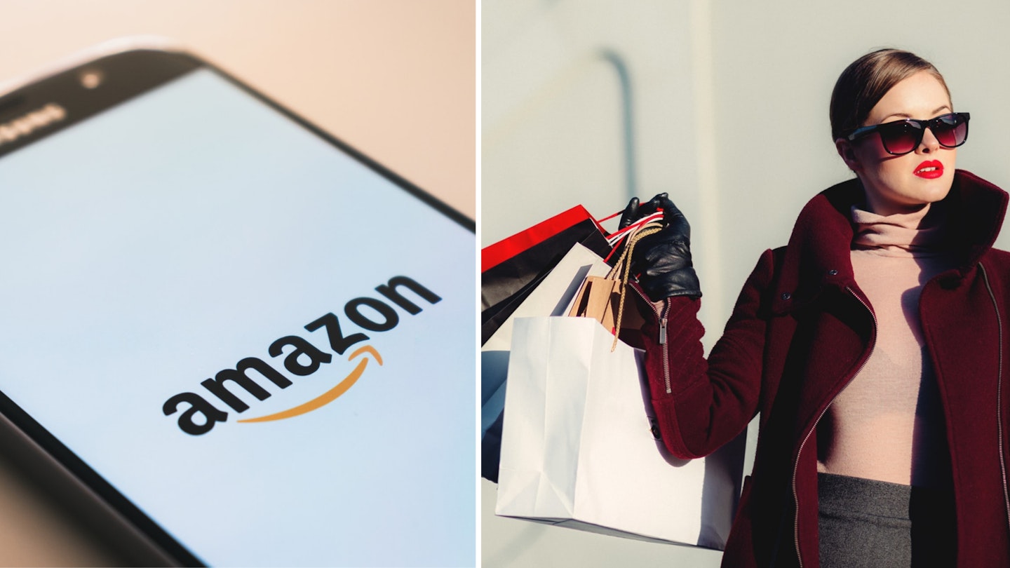 Amazon shopping app and woman with shopping bags