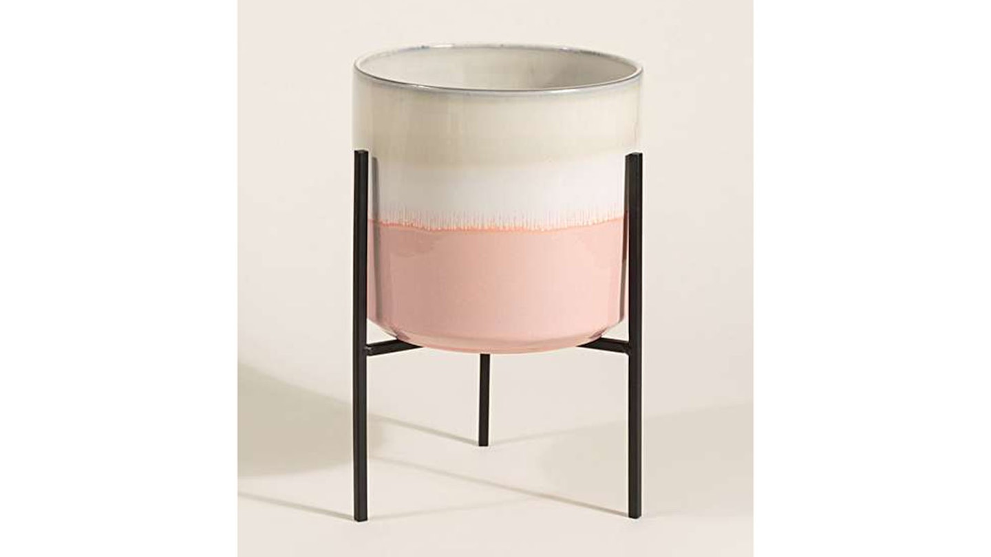 Abuo Pink & Grey Ceramic Plant Pot & Stand Short