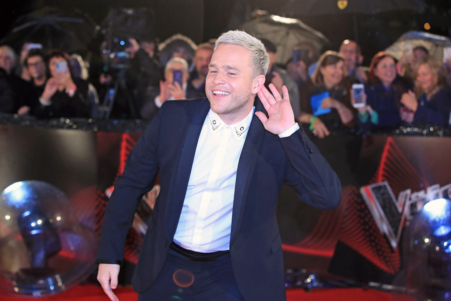 Olly Murs showing off his new blond hair at The Voice UK launch