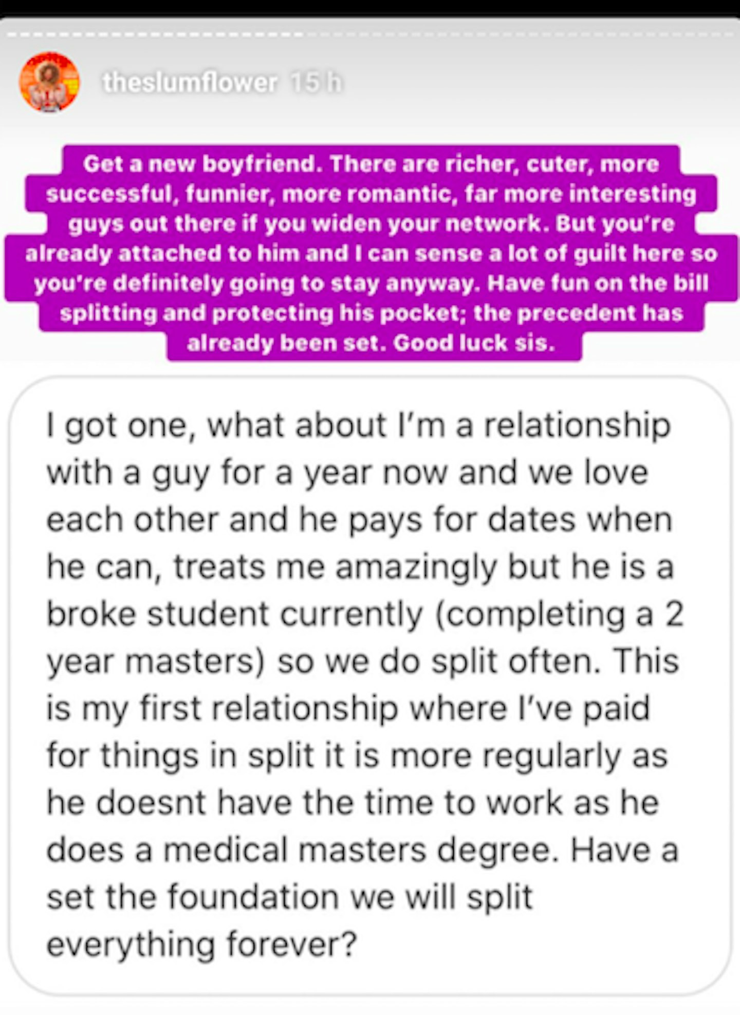 The Internet Is Obsessed With The Slumflower Telling Woman To Dump Med Student Who Makes Her Split The Bill 