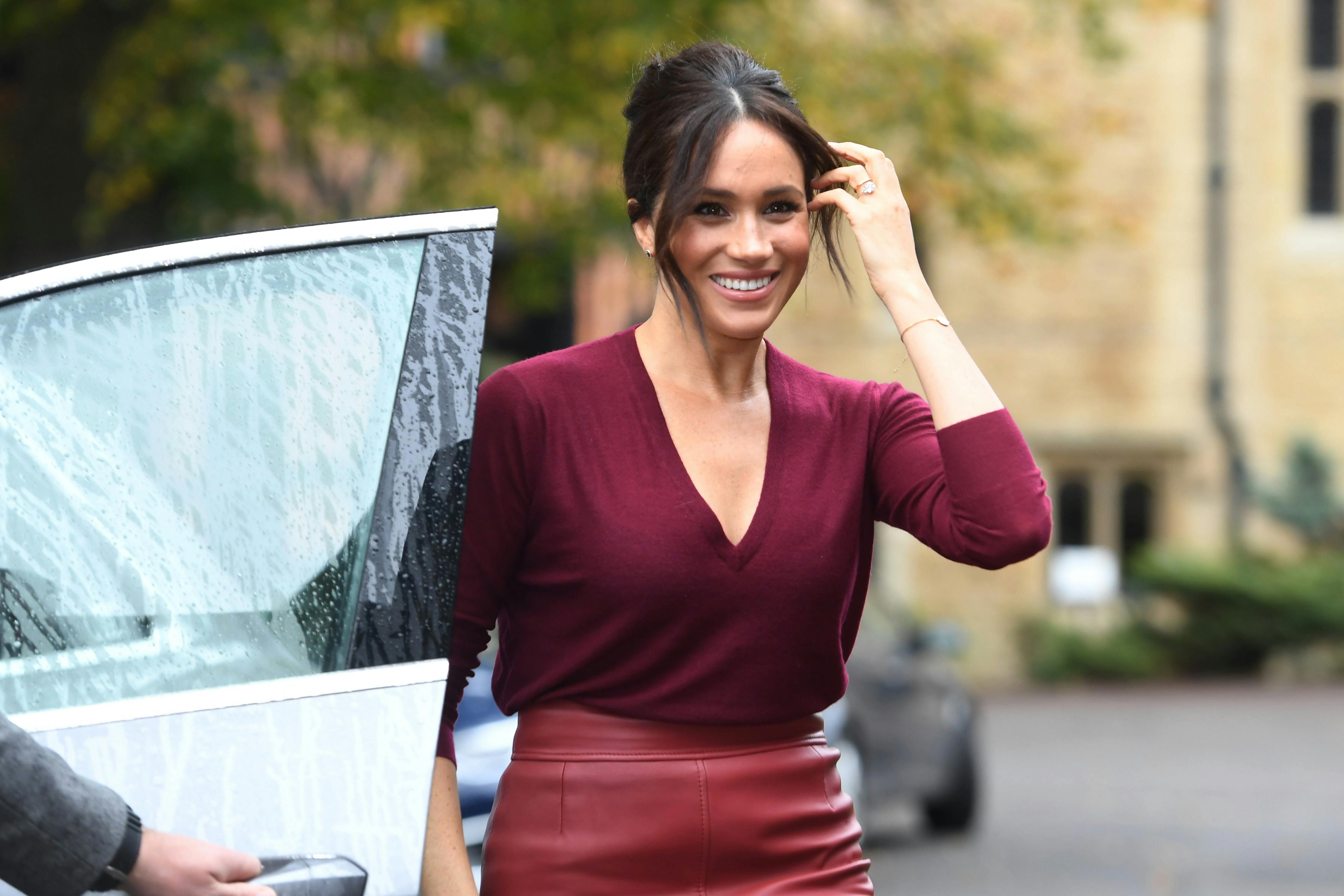 Meghan Markle attends roundtable in 369 leather skirt