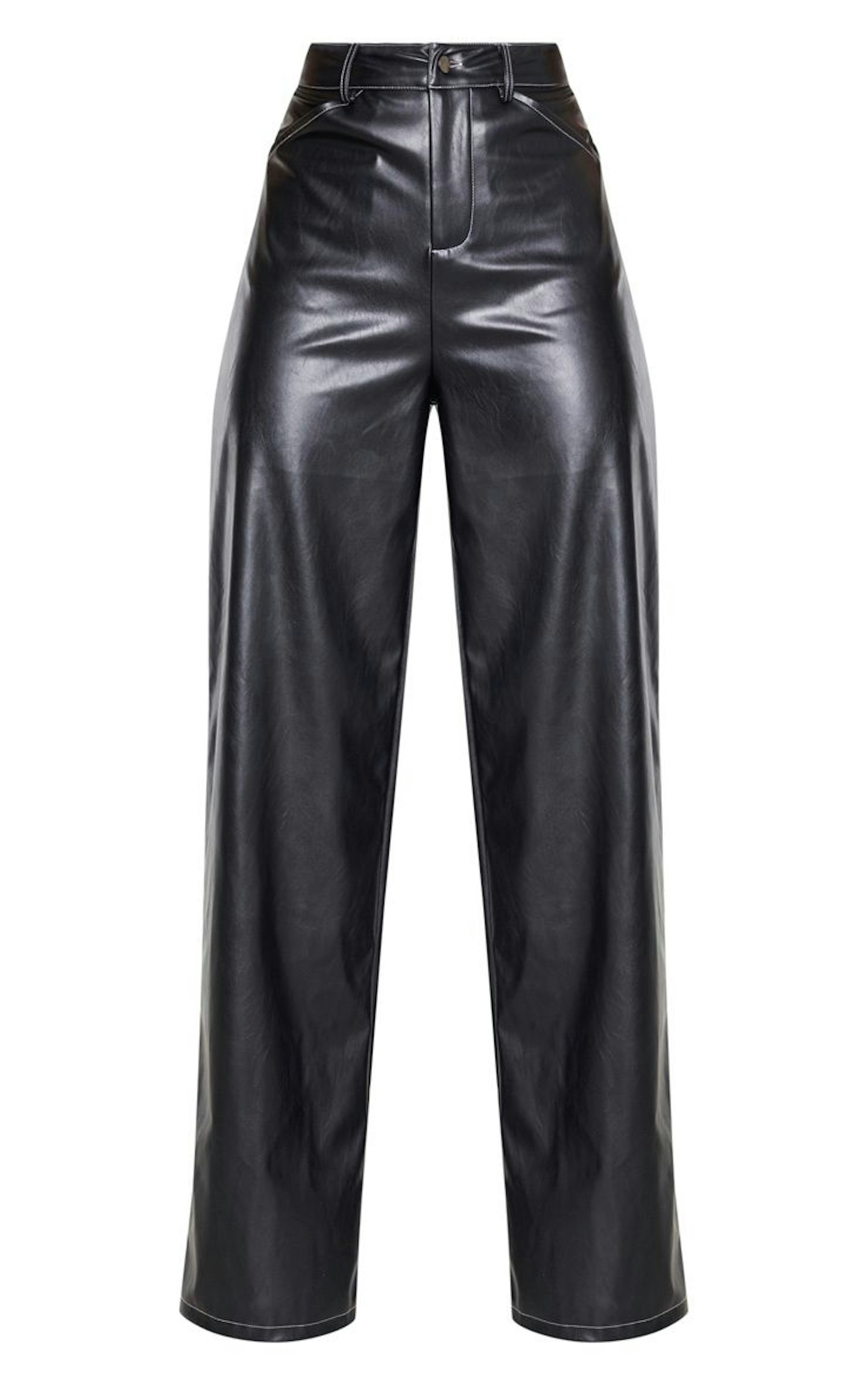 Black Faux Leather Contrast Stich Wide Leg Trousers