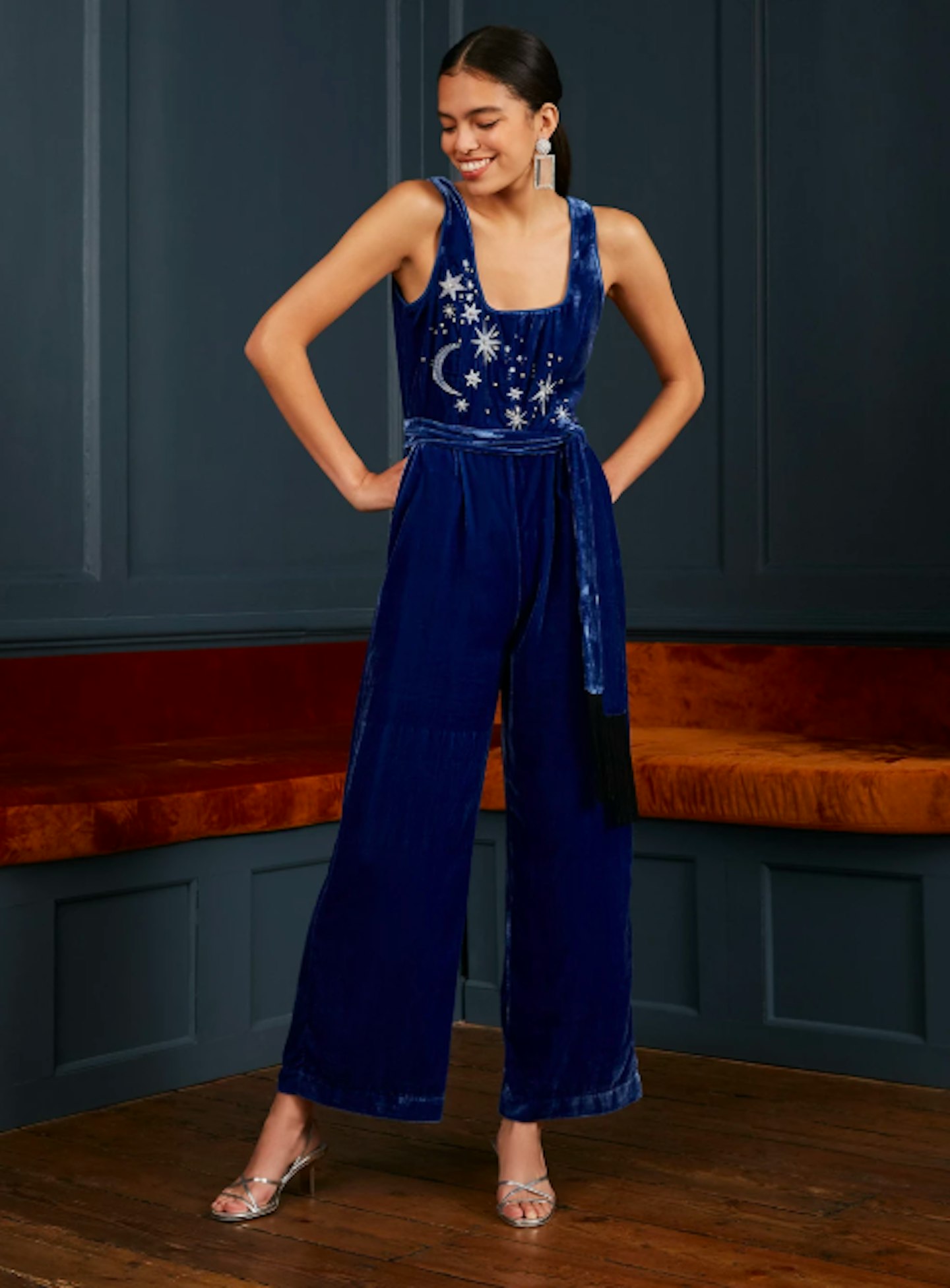 Kitri, Embroidered Blue Velvet Jumpsuit, £225