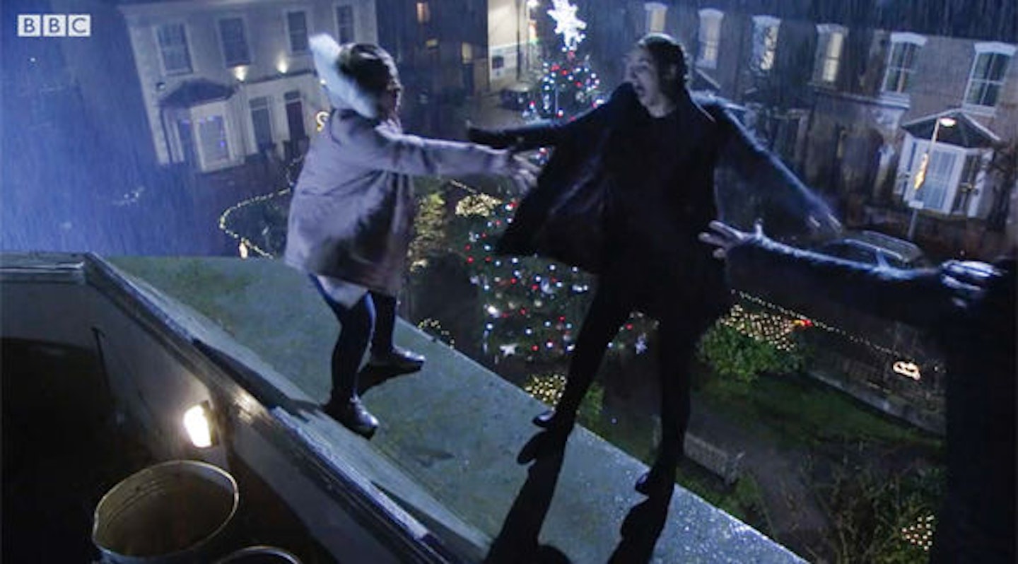 Abi and Lauren fall off a roof in 2018's Christmas episode